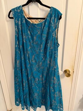 Julian Taylor Teal Lace A-Line Dress with Beige Lining
